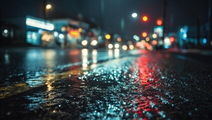 Wet street at night reflecting colorful city lights and car headlights