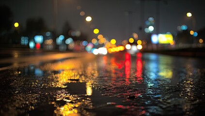 Wet road reflections of city lights on a dark, rainy night