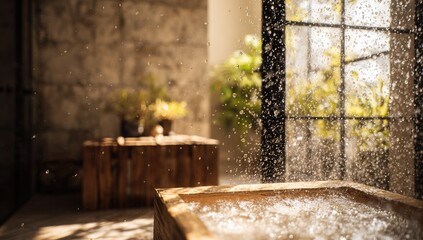 Splashing water in a rustic wooden tub with sunlight filtering through window