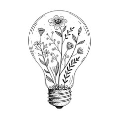 Black and white line art illustration of a lightbulb with wildflowers, minimalist hand-drawn botanical design symbolizing creativity and nature