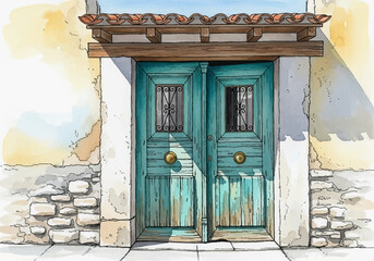 Charming Rustic Wooden Double Door Entrance with Stone Frame and Tiled Awning, Hand-Painted in a Vivid Watercolor Style Illustration