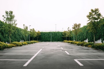 Empty parking lot with green foliage and marked spaces