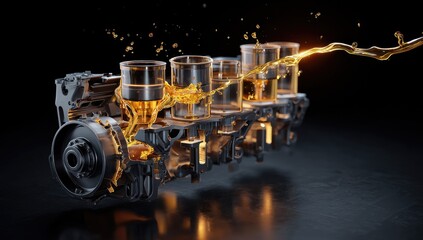 Close-up of engine pistons with golden liquid being poured