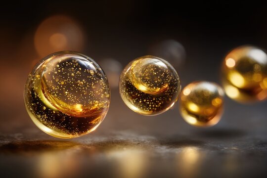 Illuminated golden spheres with sparkling inclusions suspended above surface - Powered by Adobe