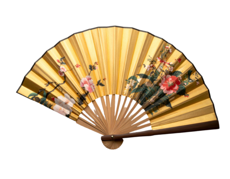 Golden folding fan with floral artwork, partially open on black background - Powered by Adobe