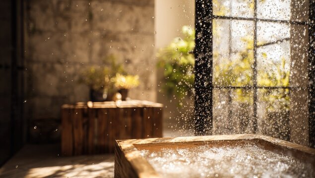 Splashing water in a rustic wooden tub with sunlight filtering through window