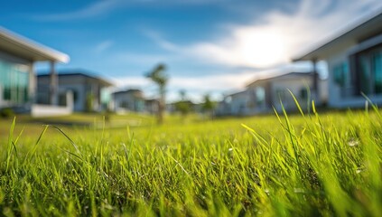 Sunny day on green grass with modern houses in background