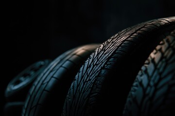 Close-up on stacked rubber tires with textured tread patterns in dim light