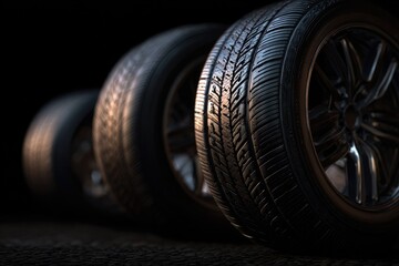 Row of car tires with detailed treads in dramatic lighting