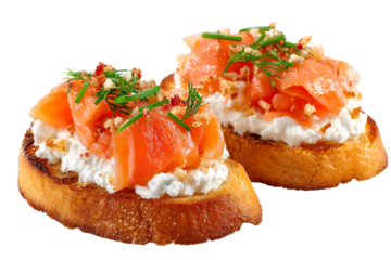 Delicious smoked salmon and cream cheese bruschetta with fresh herbs on toasted baguette slices