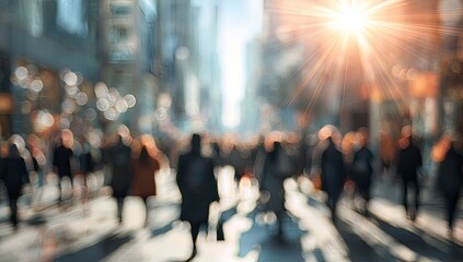 Sun flares over a blurred crowd on a busy city street