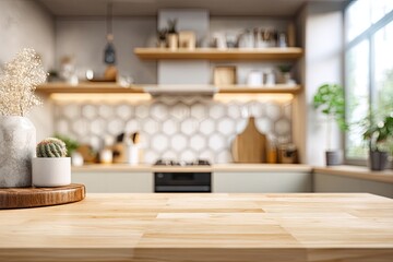 Bright, modern kitchen with wooden countertop and plant decor