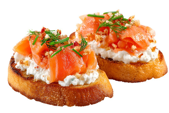 Delicious smoked salmon and cream cheese bruschetta with fresh herbs on toasted baguette slices