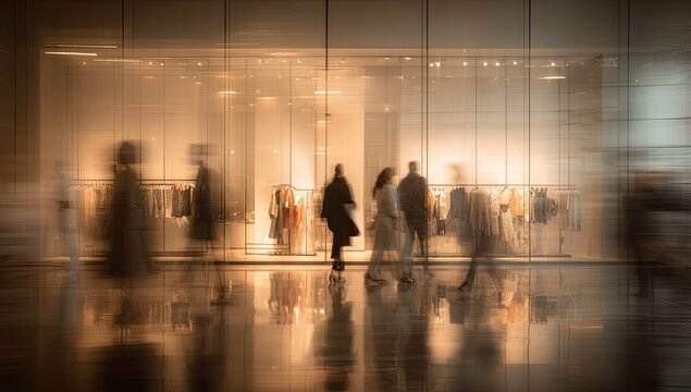 Blurry figures move past a brightly lit, reflective store window at dusk