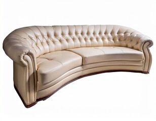 curved leather sofa ivory finish with tufted backrest and rolled armrests isolated on transparency background elegant and comfortable seating for living room or lounge area
