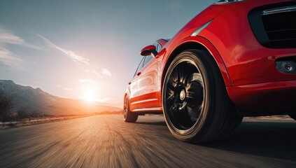 Sleek red vehicle speeds down a scenic road at sunset