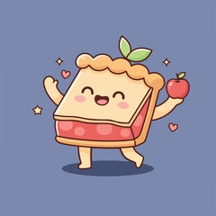 This adorable cartoon illustration depicts a smiling square apple pie slice character, holding an apple, with hearts and stars floating around it on a gray-blue background.