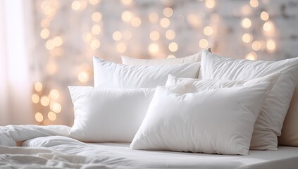 Cozy bedroom scene with plush white pillows and soft bokeh lights