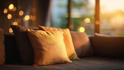 Cozy couch with golden pillows bathed in warm, diffused light