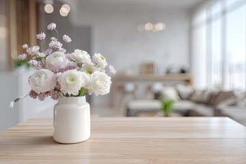 Soft pink and white blossoms in a ceramic vase on a wooden table