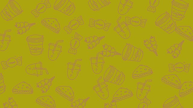 Food doodle pattern features various delicious items like coffee, sandwiches, juice, candy, and dango. Perfect for kitchen decor or foodrelated projects.