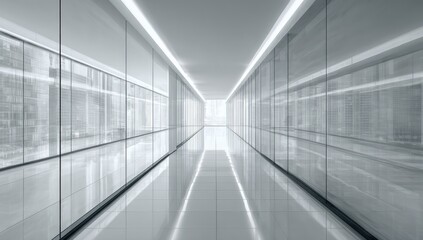 Sleek, modern hallway with glass walls and reflective floor