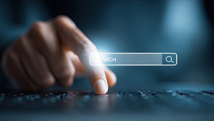 Person's finger hovering over a glowing search bar on a keyboard