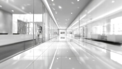 Modern, bright, and spacious contemporary office hallway with reflective floor