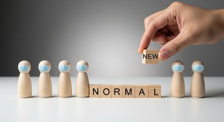 Hand placing new wooden block on normal word isolated on white background
