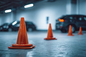 Orange traffic cones mark parking spots in an empty garage