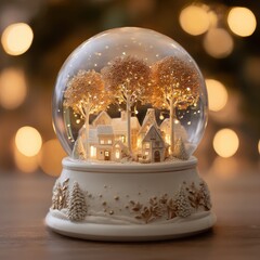 Enchanting miniature village encased in a snow globe with warm festive lights