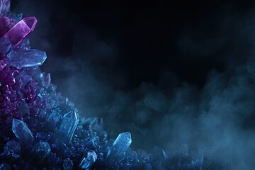 Jagged, glowing crystals emerge from dark, misty depths