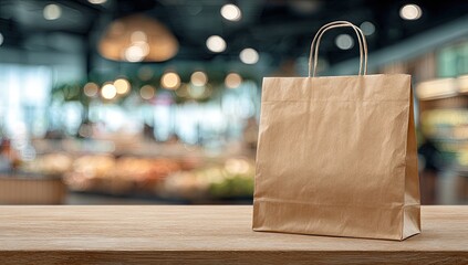 A brown paper shopping bag sits on a wooden counter in a store