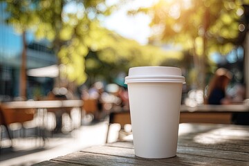 A white disposable cup sits on a wooden table outside