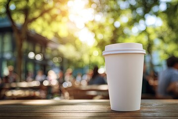 White coffee cup on wooden table in sunny outdoor cafe