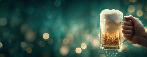 Hand holds frothy beer mug against a bokeh background