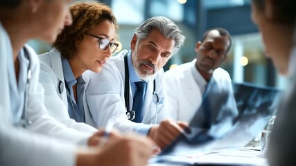 Group of middle aged and senior multiethnic doctors discussing medical records and examining X ray image around table in hospital meeting room top view showing collaborative - Powered by Adobe