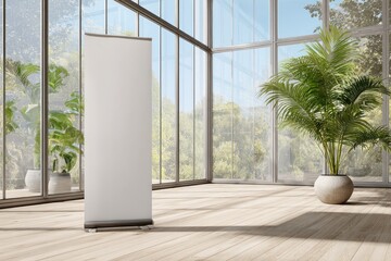 Blank vertical display stand in sunlit modern room with plants