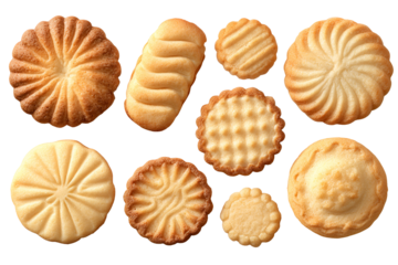 Assortment of delicious baked cookies and biscuits on a dark background
