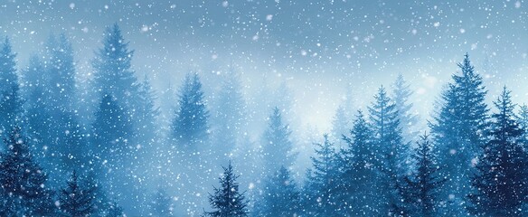 Misty evergreen forest with falling snowflakes in cool blue tones
