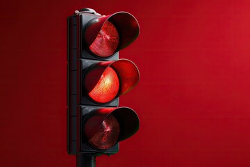 Red traffic light illuminated against a solid red background (1)
