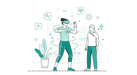 Virtual reality fitness application engaging with a trainer at modern wellness center