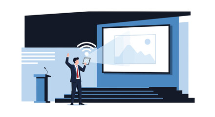 Wireless Presentation with Businessman Using Tablet on Stage for Conference Meeting