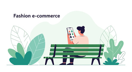 Woman enjoying online fashion shopping on a park bench with digital technologies for lifestyle and