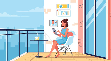 Woman having a telehealth consultation on her balcony with a doctor on her tablet during daytime