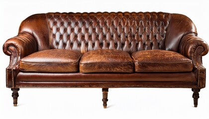 vintage brown leather sofa with tufted backrest and rolled armrests featuring distressed texture...