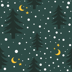 Scandinavian winter forest pattern with snow and moon on dark green background. Perfect for Christmas textile and paper.