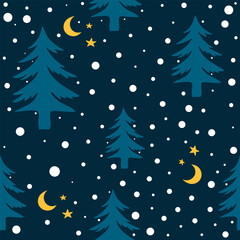 Winter night forest seamless pattern with snow and moon