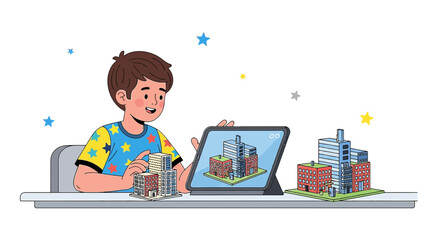 Young architect using augmented reality app on tablet to design building models