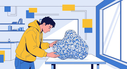 Young designer in a yellow hoodie admires a 3D printed cellular structure artwork in his bright